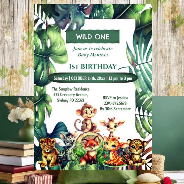 Convites Wilgle One Safari Tropical Sai Aniversário (Wild One Birthday Jungle Safari Tropical Leaves Invitation)