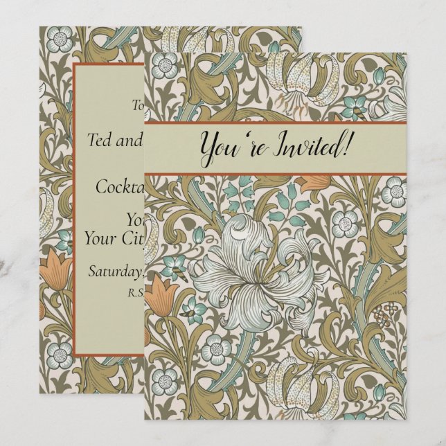 Convites William Morris Ouro Lily Blue Dourado Classic (Frente/Verso)