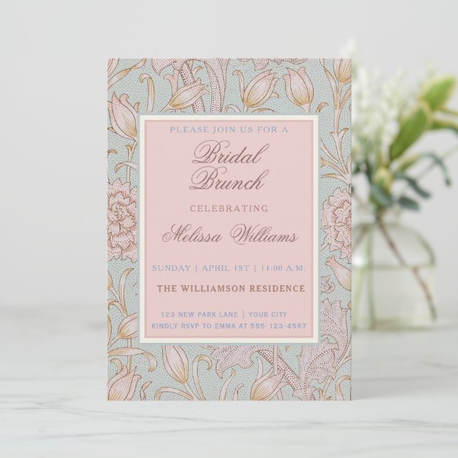 Convites William Morris Wild Tulips Blue Bridal Brunch (Em pé/Frente)