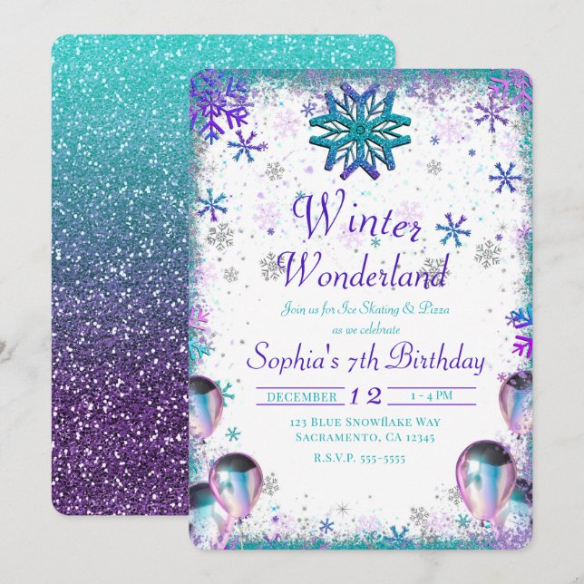 Convites Winder Wonderland Teal Purple Festa de aniversário (Frente/Verso)