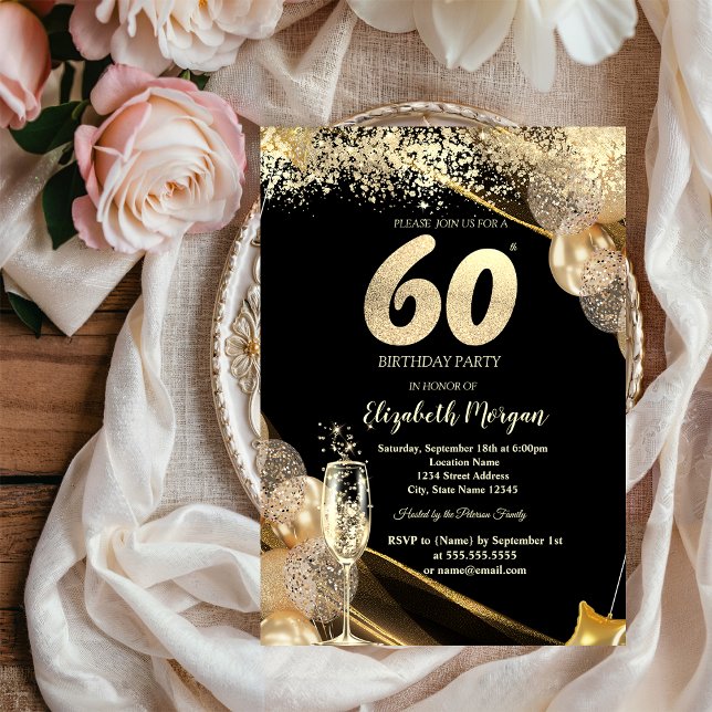 Convites Wine Glass Gold Confetti Balloons 60th Birthday (Criador carregado)