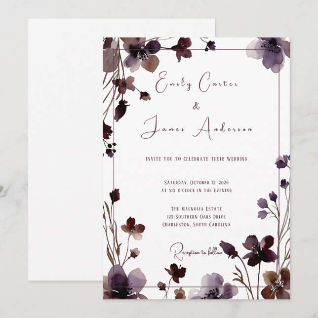 Convites Wine Red Plum Mauve Fall Floral Wedding (Frente/Verso)