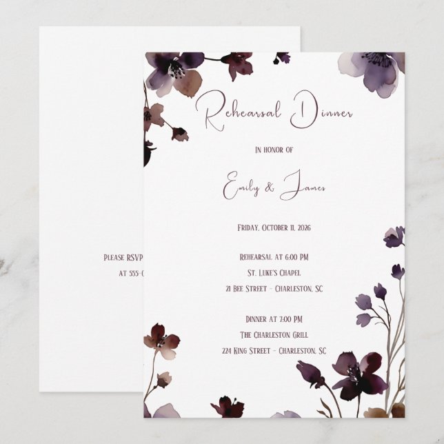 Convites Wine Red Plum Mauve Fall Floral Wedding (Frente/Verso)