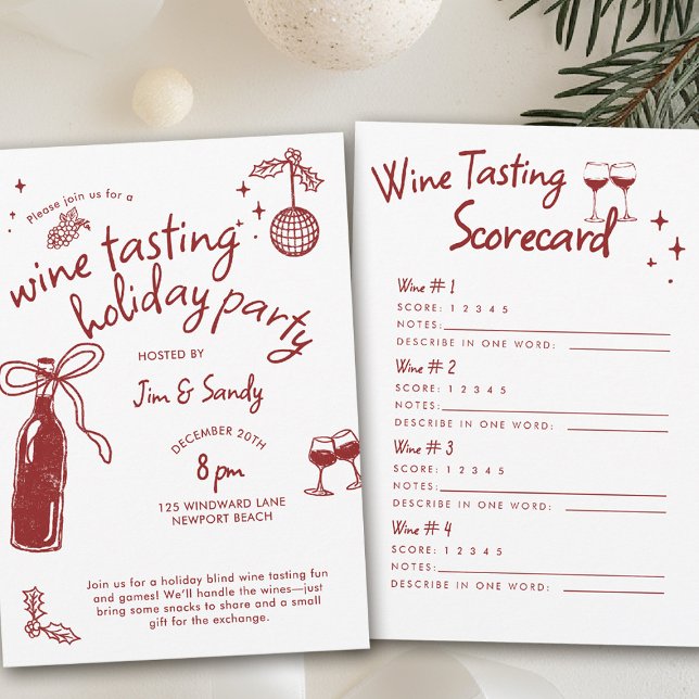 Convites Wine Tasting Party Scorecard Game Doodle Holiday  (wine tasting holiday party drinks hand drawn winery charcuterie friendsmas blind christmas santa)
