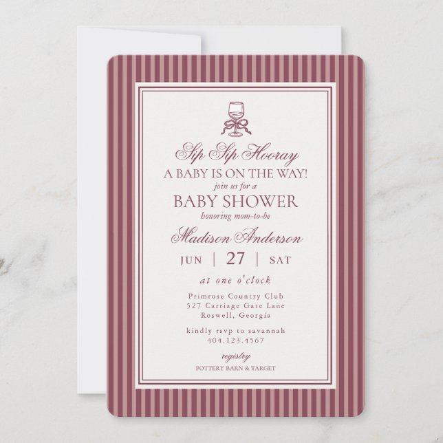 Convites Wine Vineyard Club Old Money Striped Baby Shower (Frente)
