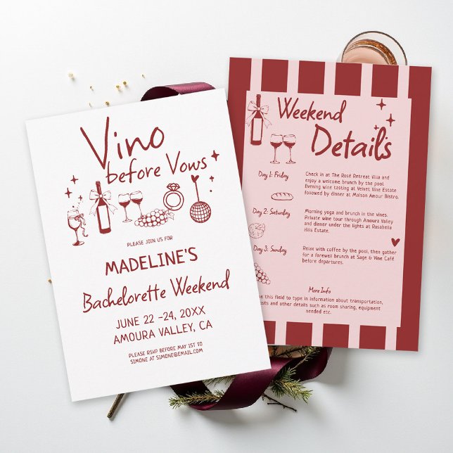 Convites Winery Bachelorette Wine Tasting Red Itinerary (winery bachelorette party invitation wine tasting girls trip weekend burgundy red stripes)