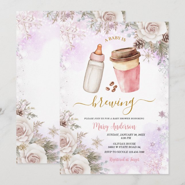 Convites Winter A Baby Is Brewing Coffee Baby Shower (Frente/Verso)
