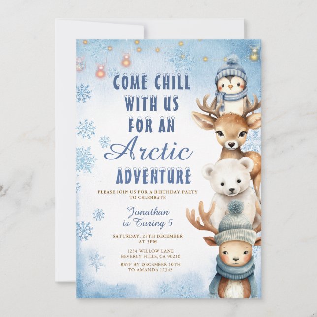 Convites Winter Arctic Adventure 1st Birthday Animals Party (Frente)