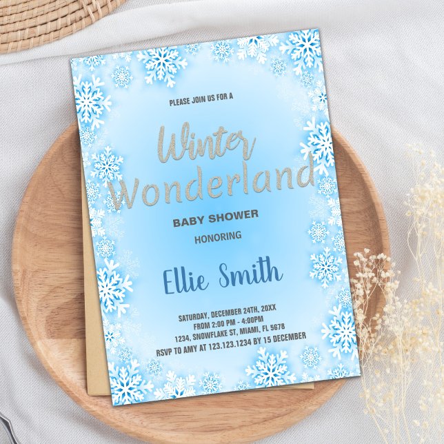 Convites Winter Baby Shower Invoca Blue Silver Neve Azul (Winter Baby Shower Invitations Blue Snow Silver)