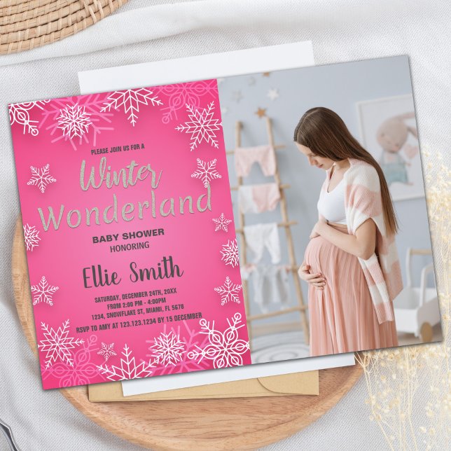 Convites Winter Baby Shower Invoca Foto rosa de neve (Winter Baby Shower Invitations Pink Snow photo)