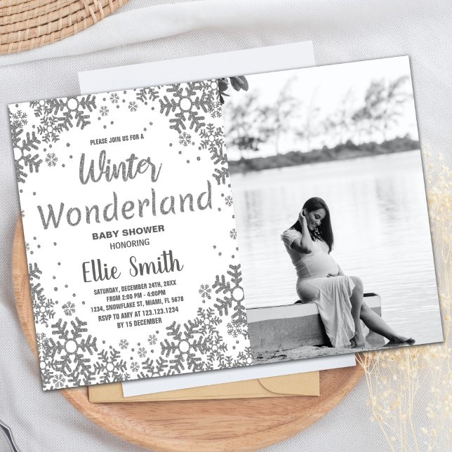 Convites Winter Baby Shower Invoca Prata com foto (Winter Baby Shower Invitations Silver with photo)