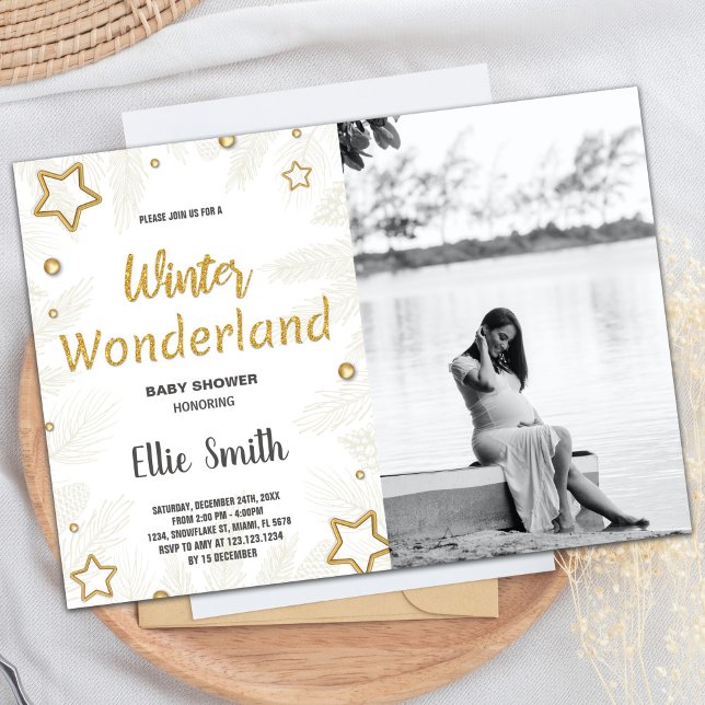 Convites Winter Baby Shower Invtions Foto em Ouro Star (Winter Baby Shower Invitations Golden Star Photo)