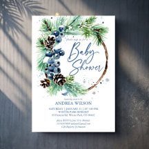 Winter baby shower snowy pines wreath dusty blue