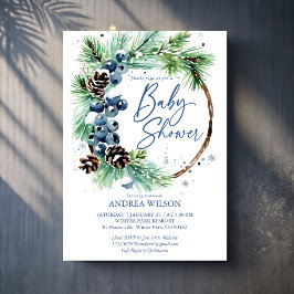 Convites Winter baby shower snowy pines wreath dusty blue