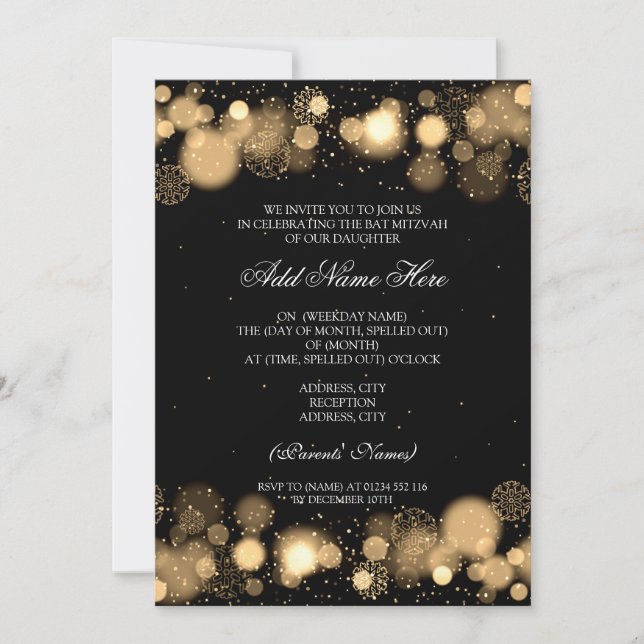 Convites Winter Bat Mitzvah Dourada Snowflakes Lights (Frente)
