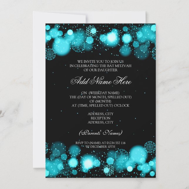 Convites Winter Bat Mitzvah Turquoise Snowflakes Lights (Frente)