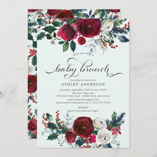 Convites Winter Bloom Floral Chá de fraldas Brunch (Frente/Verso)