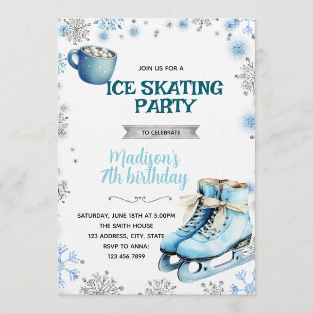 Convites Winter Blue and Silver Skating Invitation (Frente)