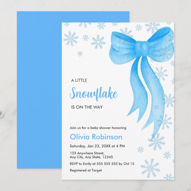 Convites Winter Blue Bow A Little Snowflake Baby Shower (Frente/Verso)