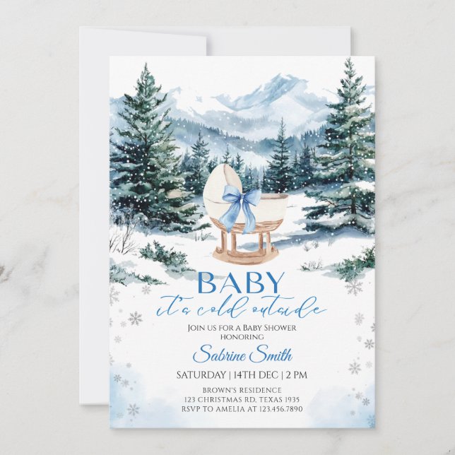 Convites Winter Blue Bow Cradle Baby Shower (Frente)