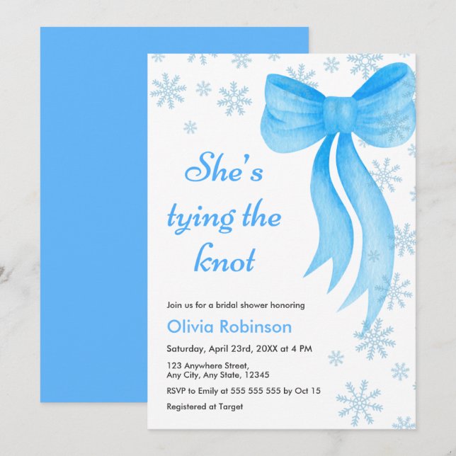 Convites Winter Blue Bow Snowflakes Bridal Shower (Frente/Verso)