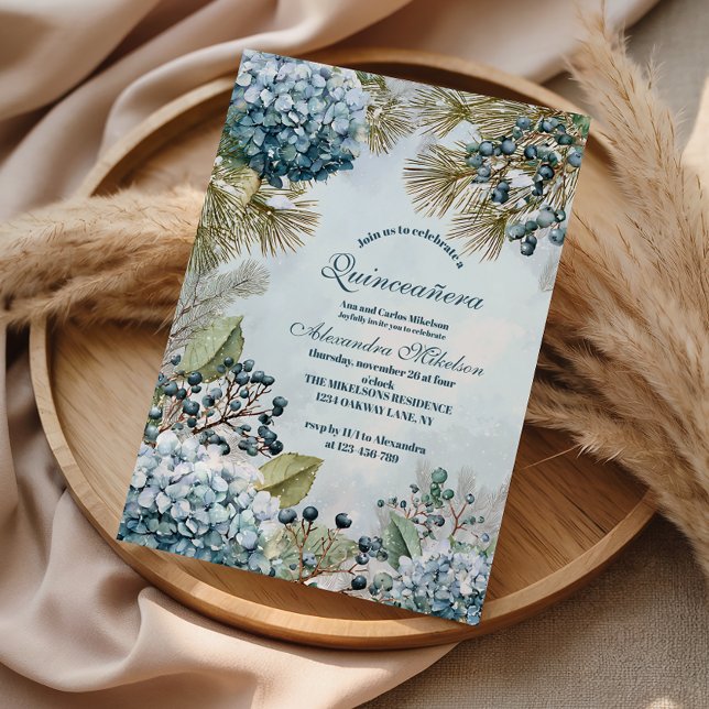 Convites Winter Blue Floral Quinceañera (Criador carregado)