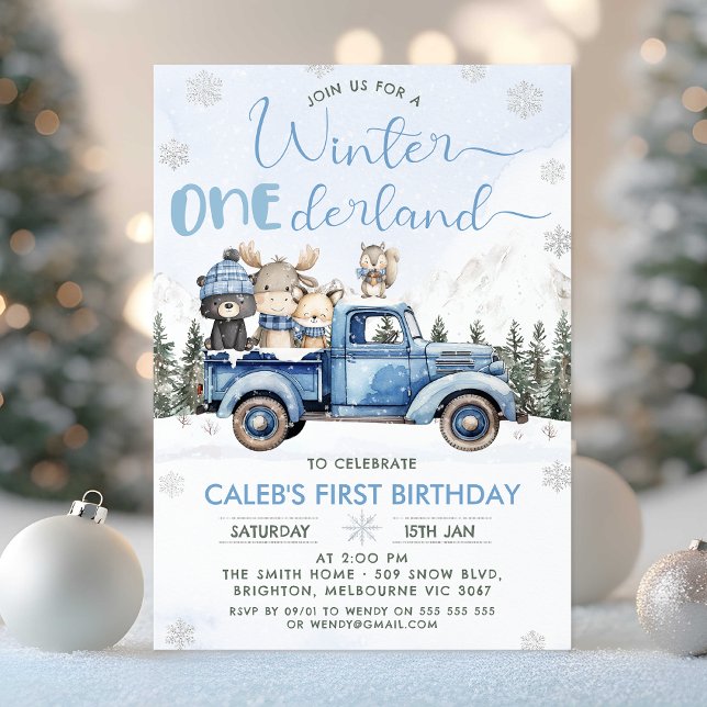 Convites Winter Blue Woodland Truck Onederland 1st Birthday (Winter Onederland Birthday Invitation, Winter Onederland - 1st Birthday Invitation Template, Truck)