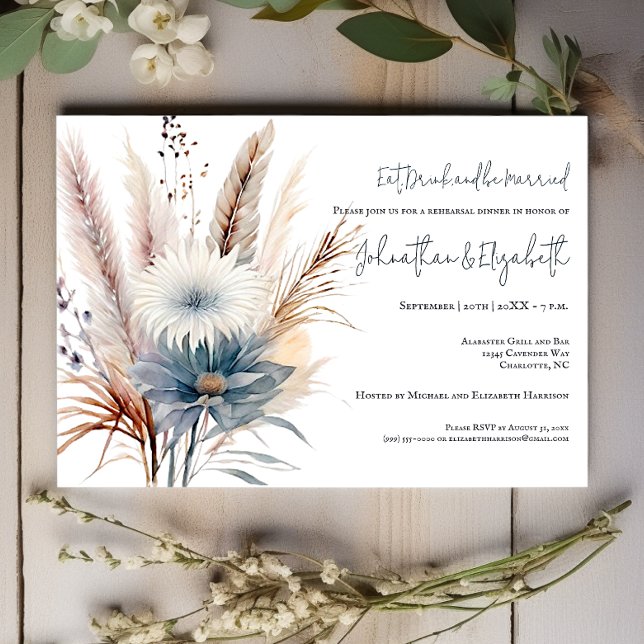 Convites Winter Boho Floral | Janto de ensaio branco (White Winter Boho Floral Wedding Rehearsal Dinner Invitation)