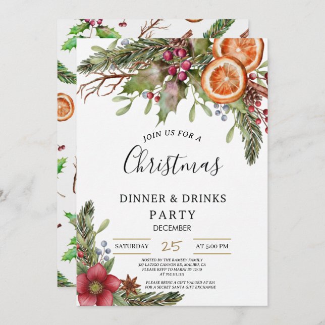 Convites Winter Botanical Christmas Invite | Rustic Dinner  (Frente/Verso)