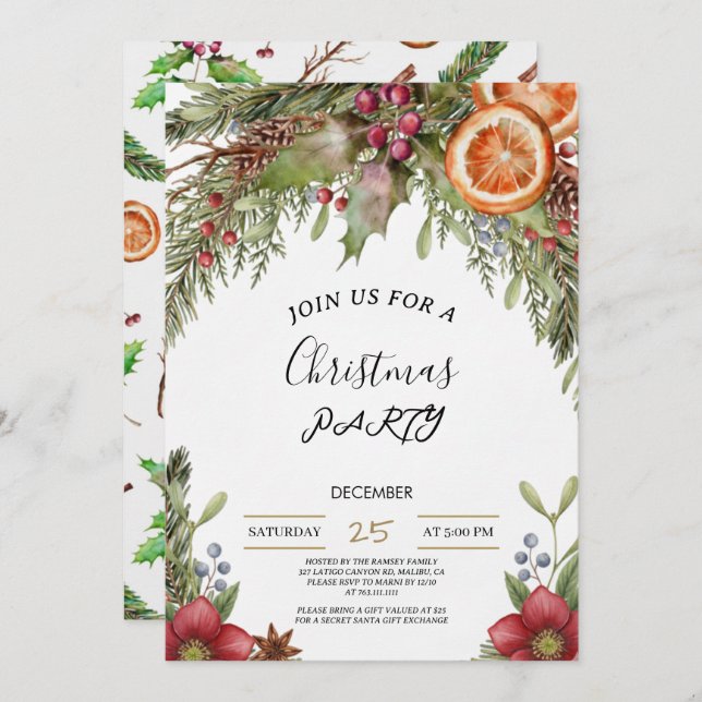 Convites Winter Botanical Christmas Invite | Rustic Dinner  (Frente/Verso)