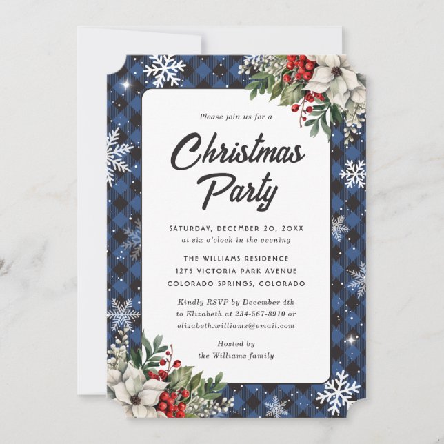 Convites Winter Botanicals Blue Plaid Christmas Party (Frente)