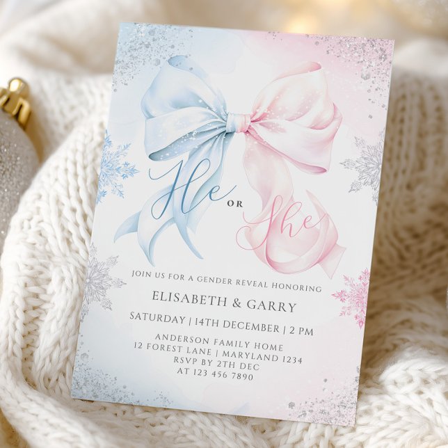 Convites Winter Bows Snowflakes Gender Reveal Invitation (Criador carregado)
