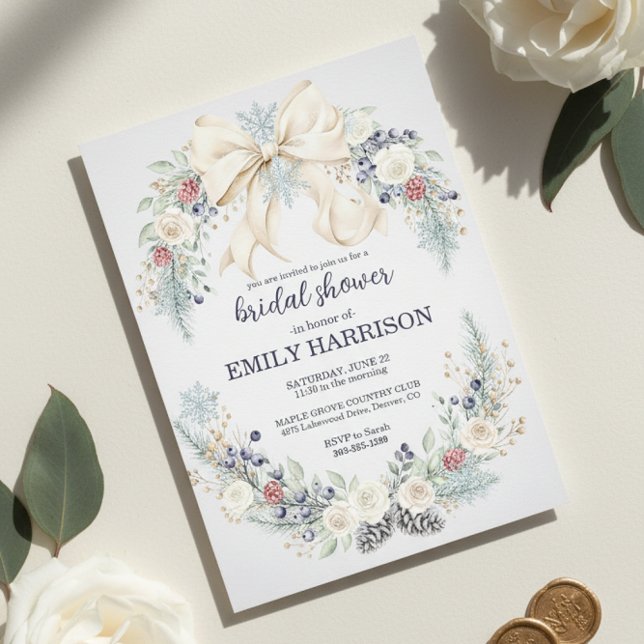 Convites Winter Bridal Shower Invitation Cream Bow Floral (blush blue winter flowers)