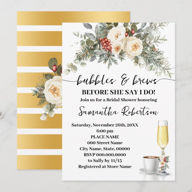 Convites Winter Bubbles & Brews Coffee Bridal Shower (Frente/Verso)