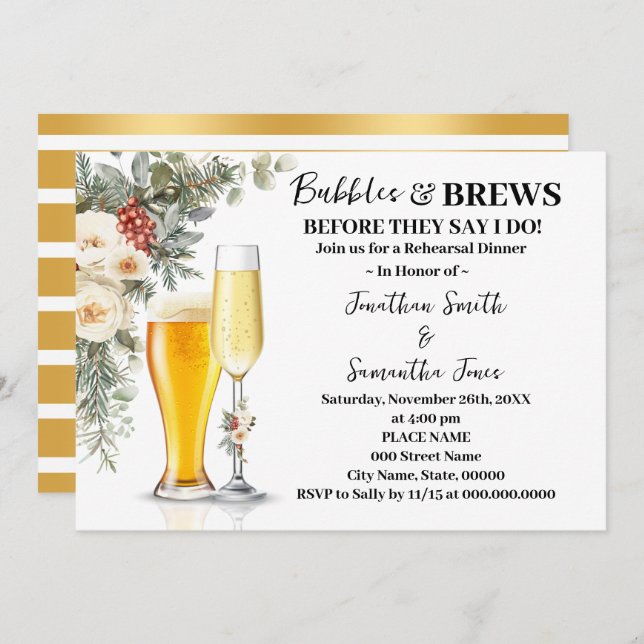Convites Winter Bubbles & Brews Rehearsal Dinner (Frente/Verso)