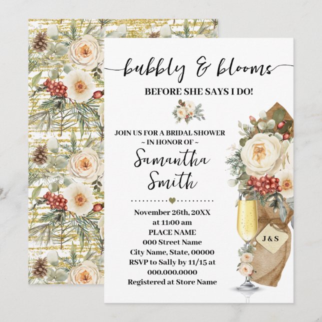 Convites Winter Bubbly & Blooms Before I do Bridal Shower (Frente/Verso)