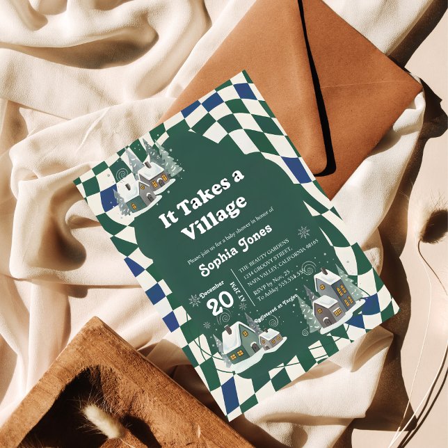 Convites Winter Checkered "It Takes a Village" baby shower (Criador carregado)