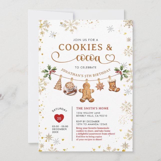 Convites Winter Cookies & Cocoa Birthday Gold Snowflakes (Frente)