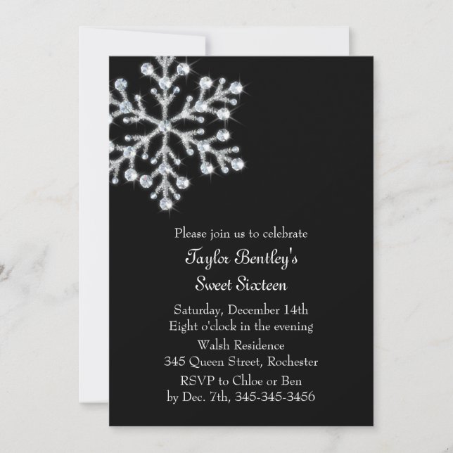Convites Winter Crystal Sweet 16th Birthday Invite black (Frente)
