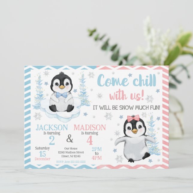 Convites Winter Cute Penguins Joint Birthday (Em pé/Frente)