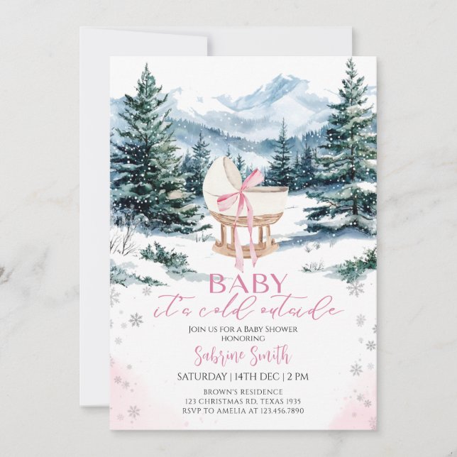 Convites Winter Cute Pink Bow Cradle Baby Shower (Frente)