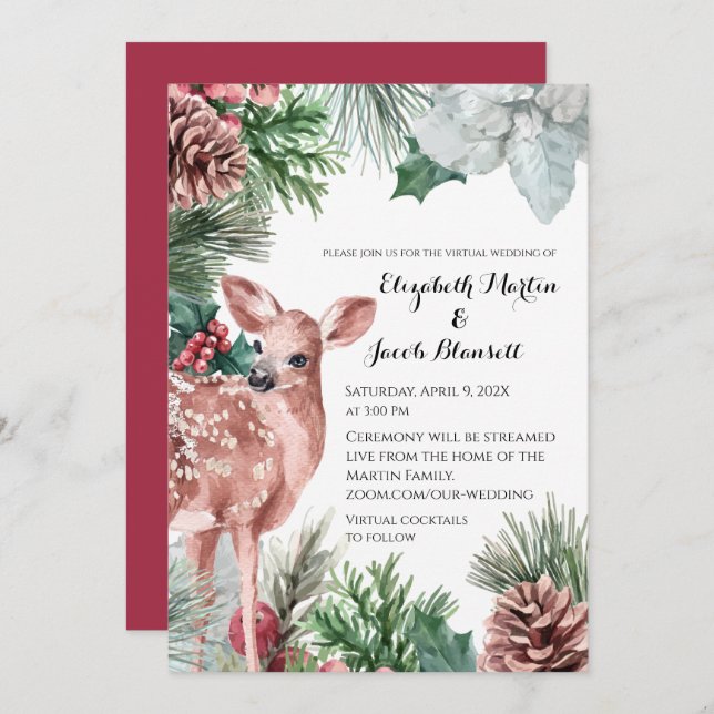 Convites Winter Deer, Pinecones e Holly Virtual Wedding (Frente/Verso)