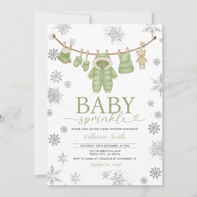Convites Winter Dusty Green Sprinkle Snowflakes Baby Shower (Frente)