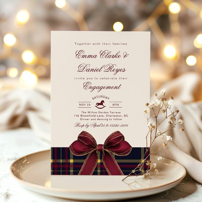 Convites Winter Engagement party Christmas Plaid Red Bow (Criador carregado)