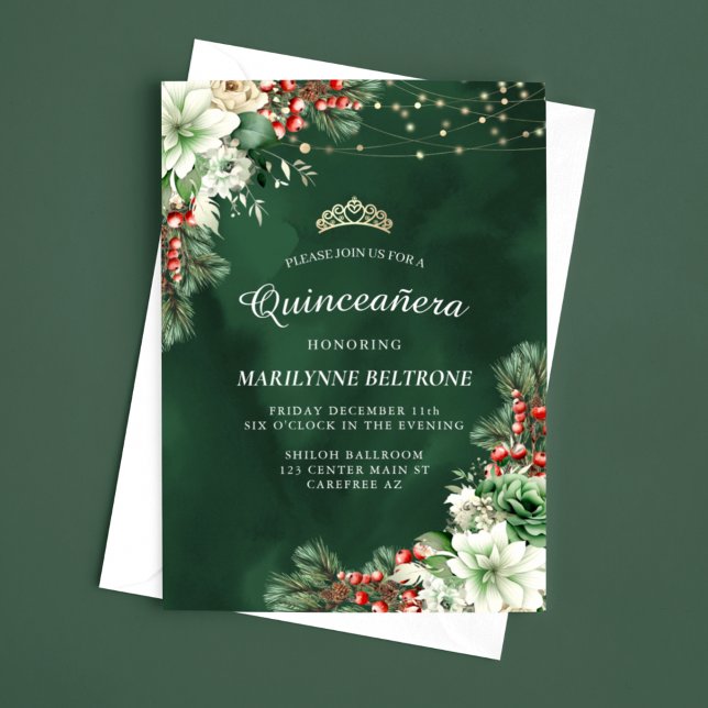Convites Winter Evergreen e Berries Emerald Quinceañera (Criador carregado)