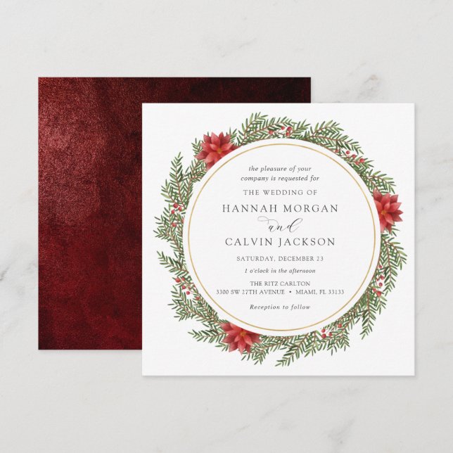 Convites Winter Evergreen e Holly Wedding (Frente/Verso)
