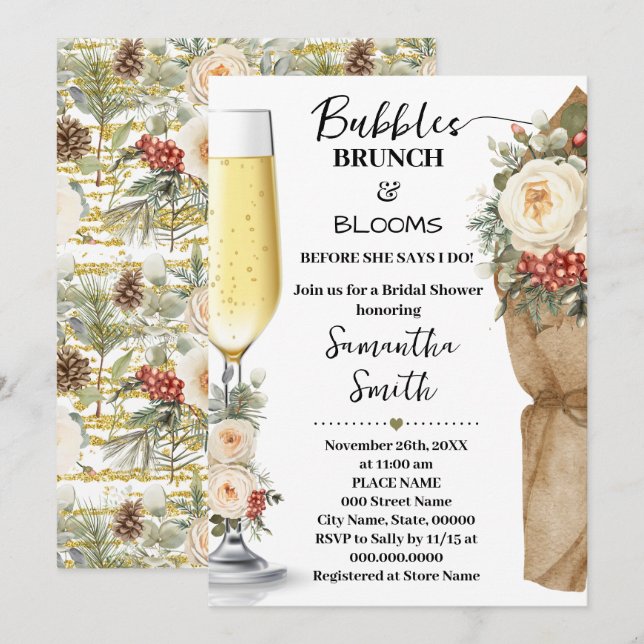 Convites Winter Floral Bubbles Brunch & Bloom Bridal Shower (Frente/Verso)