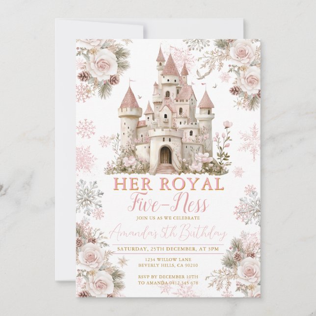 Convites Winter Floral Snowflake  royal fiveness Birthday (Frente)