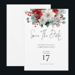Convites Winter Florals Poinsettia Christmas Save Date (Sal<br><div class="desc">Florais de inverno poinsettia Natal Salve a Data. Disponível digitalmente e impresso. Flores festivas para convidar seus convidados festivos com flores de inverno de Watercolor e ilustração foliar junto ao topo. Um script de conjunto na moda informal para As palavras Salvar a Data e o resto do texto que você...</div>