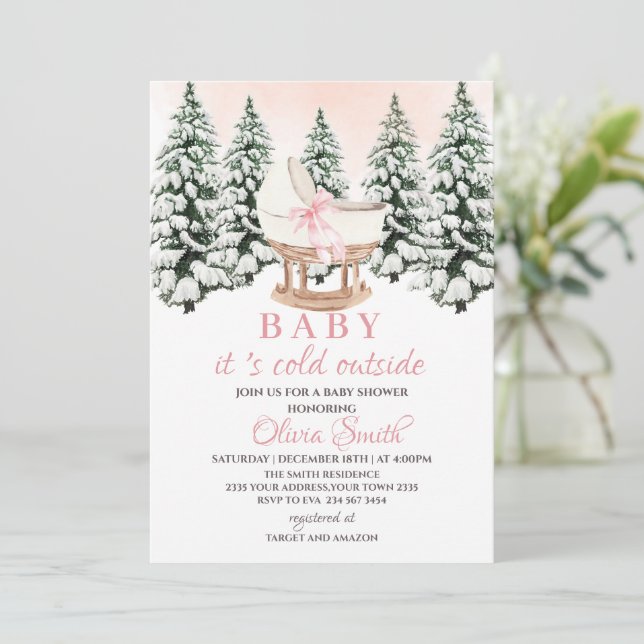 Convites Winter Forest Pink It's Cold Outside Baby Shower (Em pé/Frente)